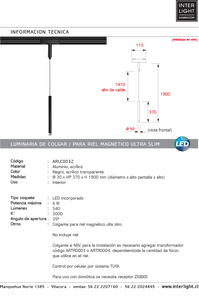 Lámpara colgante para riel magnético ultra slim aluminio acrílico negro Ø3x1,90 cm LED 6W - ARLC0032