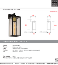 Cargar imagen en el visor de la galería, Apliqué aluminio vidrio negro exterior IP54 14x38,1 cm E27 - LUAP0131