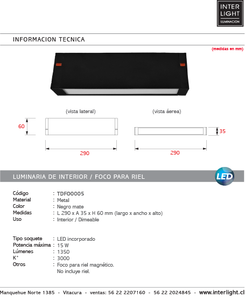 Foco metal negro para riel magnético LED 15W - TDFO0005