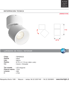 Foco sobrepuesto dimeable dirigible metal blanco Ø 7 cm LED 10W - TOFO0025