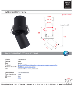 Foco embutido basculante dimeable metal negro Ø 4,5 cm LED 10W - TOFO0039