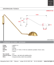 Cargar imagen en el visor de la galería, Apliqué brazo metal dorado Ø25x1,02x55 cm E27 - LGAP0115
