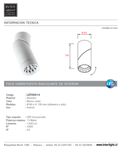 Foco sobrepuesto aluminio blanco Ø 8x19 cm LED 15W - LZFO0014
