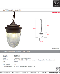 Lámpara colgante exterior metal Ø12 cm E27 - OULC0003