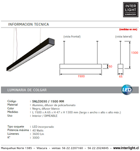 Lámpara colgante aluminio dimeable negro 1,50 cm LED 40W - SNLC0030