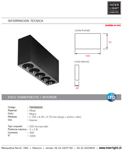 Foco sobrepuesto dimeable metal negro 14x7 cm 5 luces LED 2W - TOFO0055