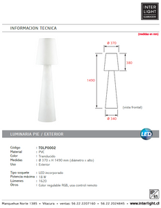 Lámpara de pie pvc exterior 149 cm LED 18W - TOLP0002
