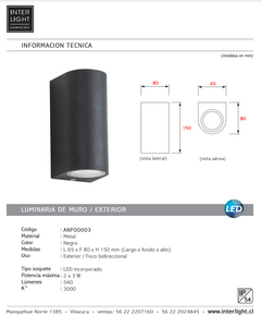 Foco negro bidireccional 6,5x8x15 cm LED 3W - ANFO0003