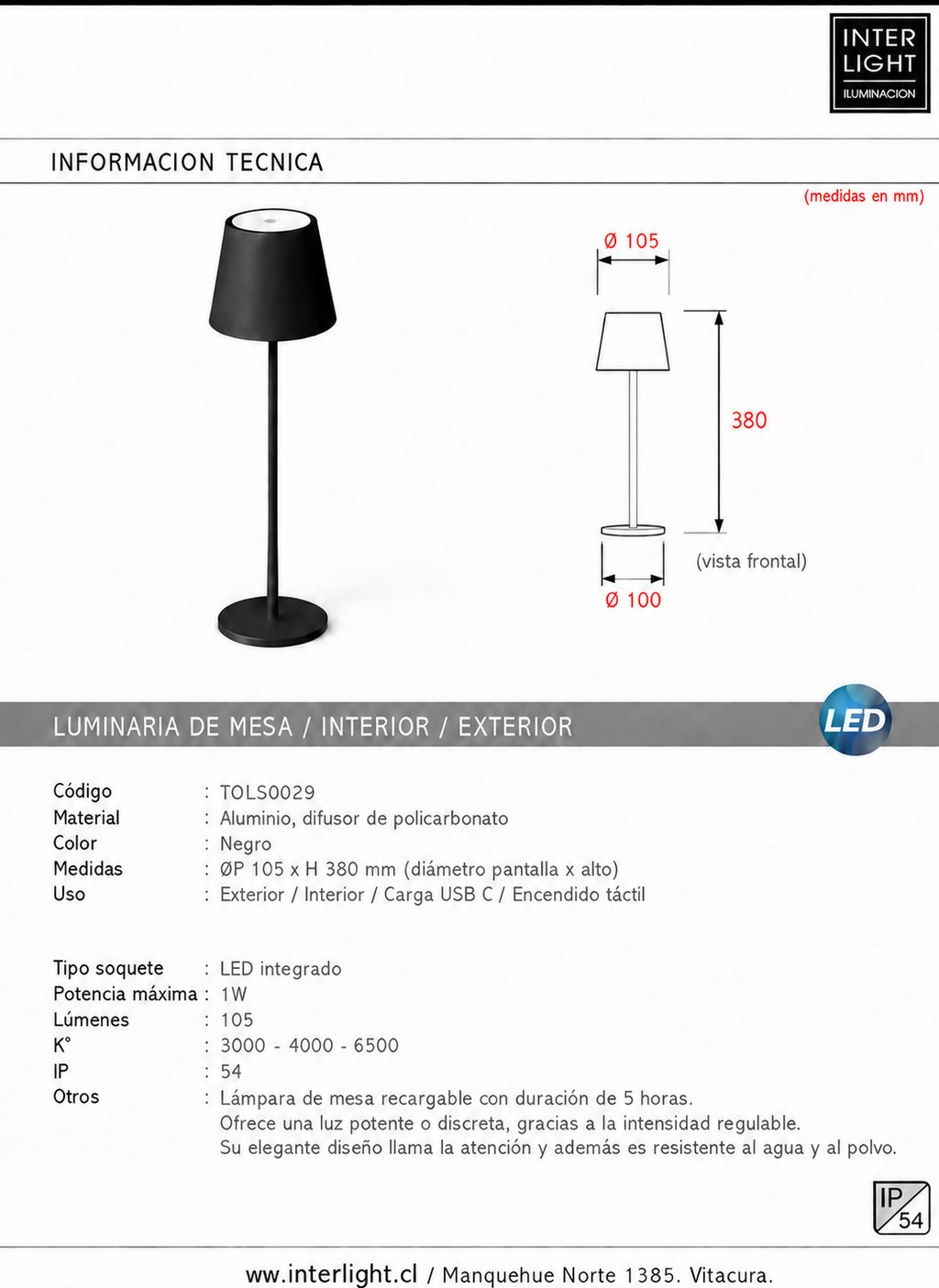 Lámpara sobremesa aluminio negro  LED 1 W - TOLS0029