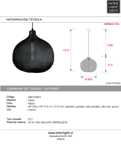Lámpara colgante metal negro Ø40x51 cm E27 - ABLC0001