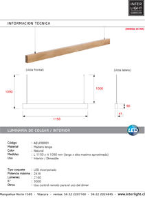 Lámpara colgante madera natural dimeable 1,15 mt. LED 24W - AELC0001