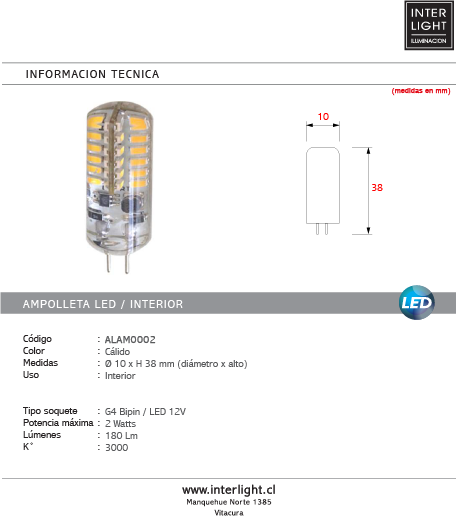 Ampolleta bipin LED G4 12V 2W - ALAM0002