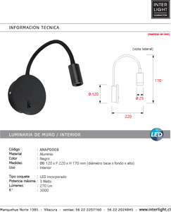 Apliqué  lector negro Ø12 cm LED 3W - ANAP0008
