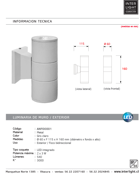 Foco gris claro bidireccional LED 2x5W - ANFO0001