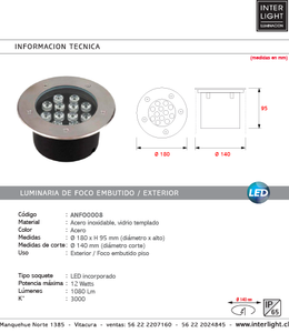 Foco piso acero exterior LED 12W - ANFO0008