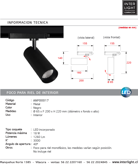 Foco metal negro para riel monofásico Ø6.5x220 cm LED 18W - ANFO0017