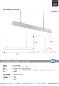 Lámpara colgante lineal blanco 1,20 mt. LED 40W
