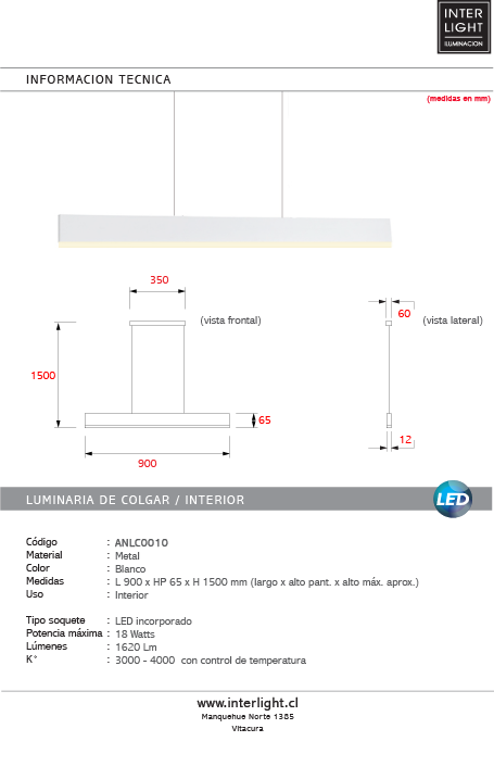 Lámpara colgante lineal blanco 90 x 6,5 cm LED 18W - ANLC0010