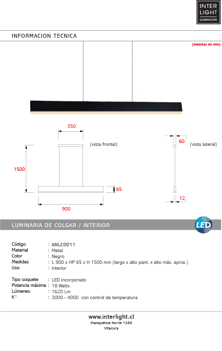 Lámpara colgante lineal negro 90 x 6,5 cm LED 18W - ANLC0011