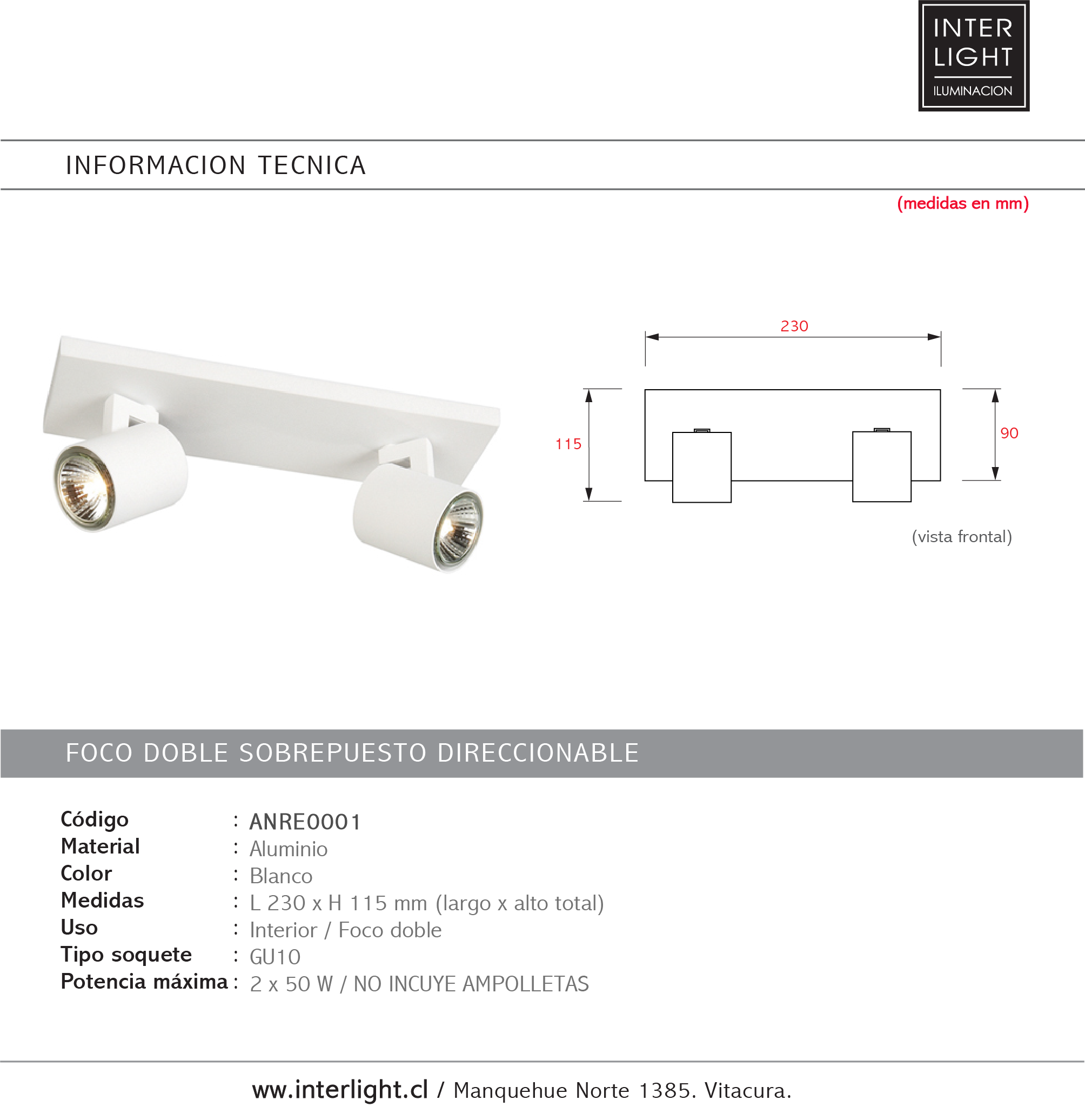Foco aluminio blanco 2 luces 23 cm GU10 - ANRE0001