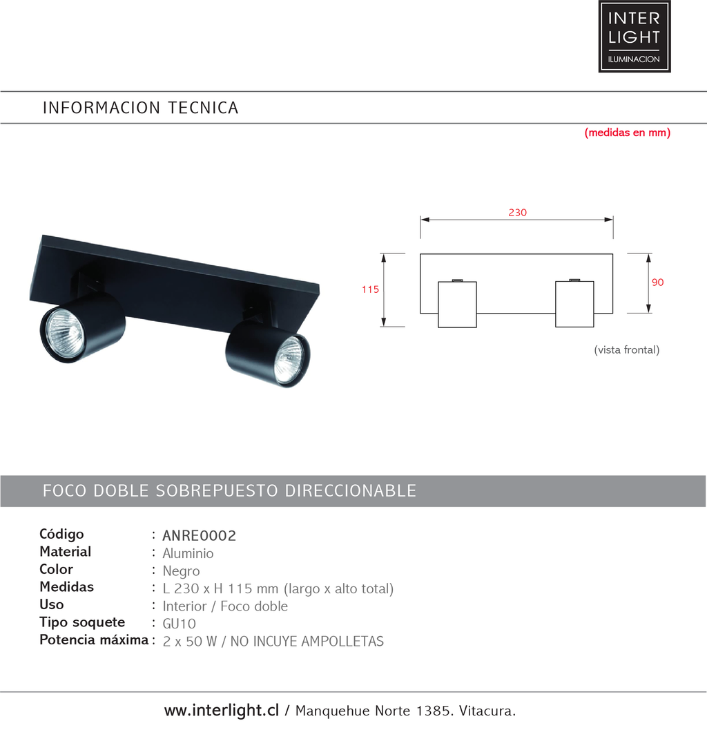 Foco aluminio Negro 2 luces 23 cm GU10 - ANRE0002