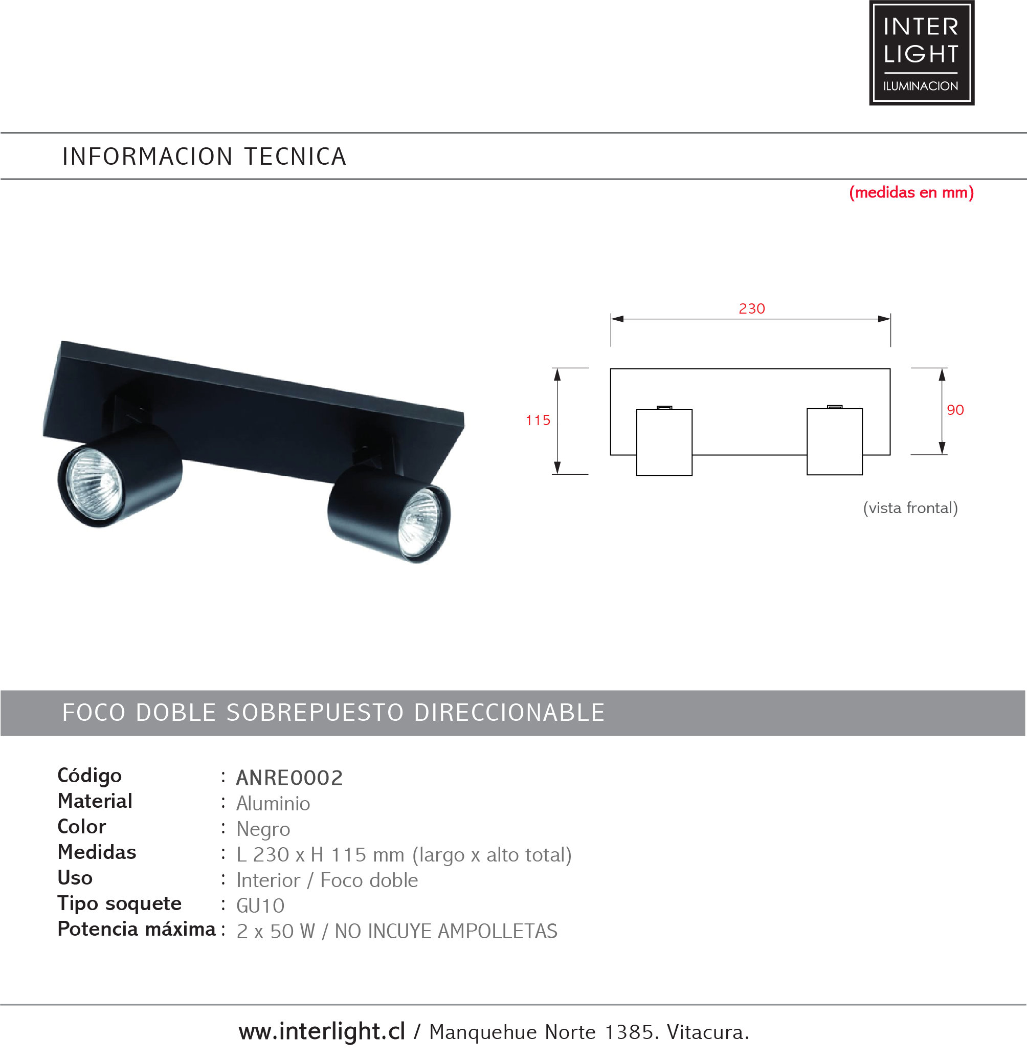 Foco aluminio Negro 2 luces 23 cm GU10 - ANRE0002