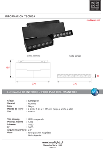 Foco aluminio doble negro para riel magnetico 23 cm  LED 12W - ARFO0014