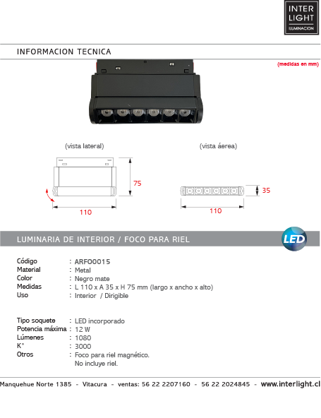 Foco metal negro para riel magnético LED 6W - ARFO0015