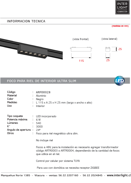 Foco fijo magnético ultra slim negro LED 6W TUYA - ARFO0028