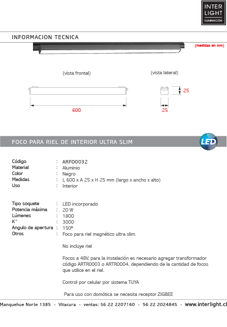 Foco fijo magnético ultra slim negro LED 20W TUYA - ARFO0032