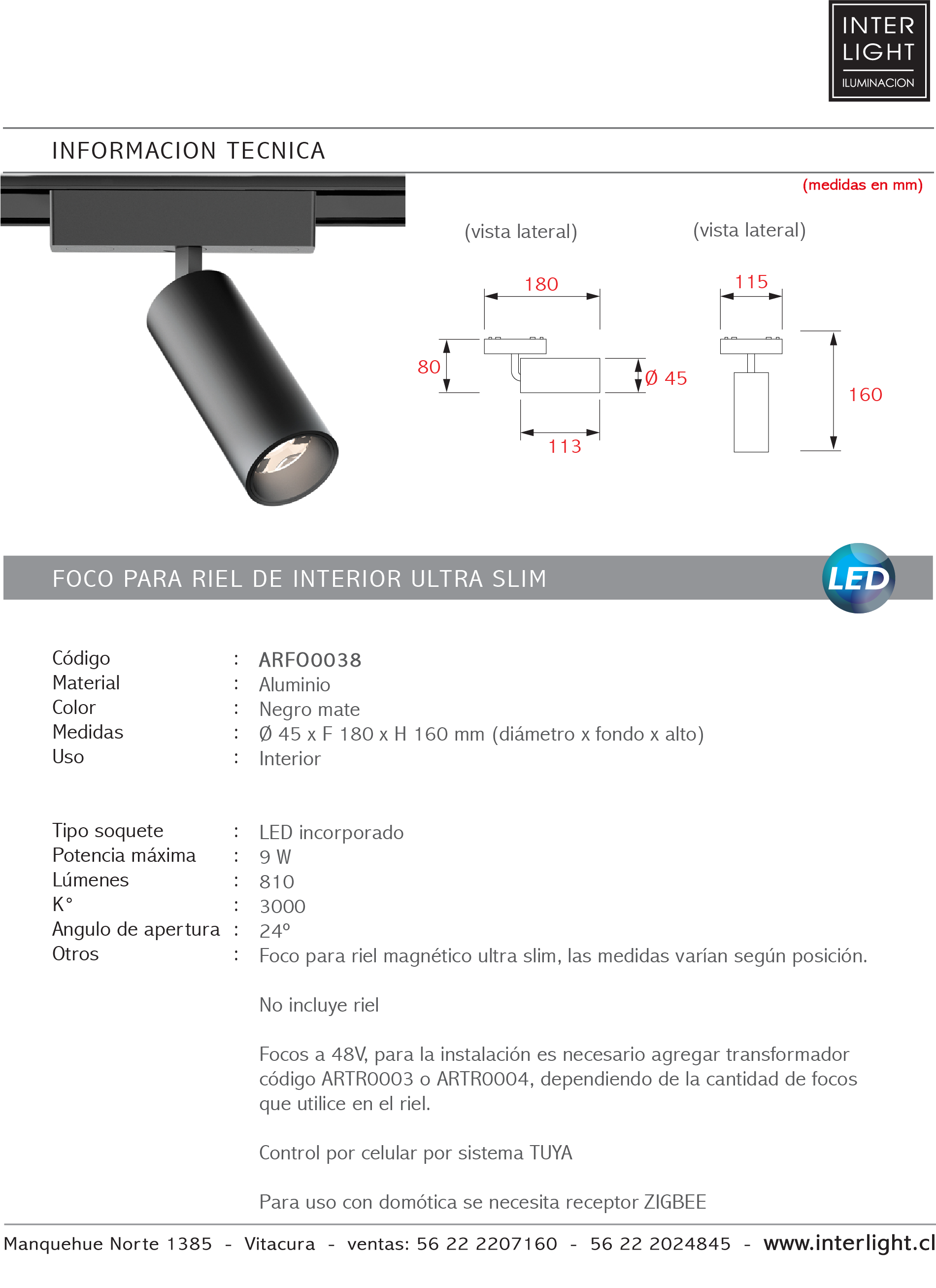 Foco dirigible magnético ultra slim negro LED 9W TUYA - ARFO0038