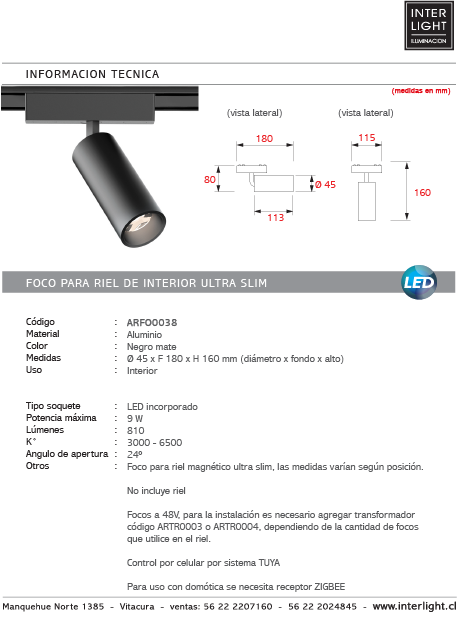 Foco dirigible magnético ultra slim negro LED 9W TUYA - ARFO0038