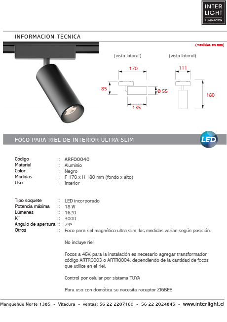 Foco dirigible magnético ultra slim negro LED 18W TUYA - ARFO0040