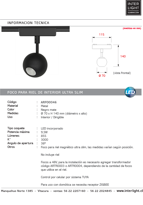 Foco dirigible magnético ultra slim negro LED 9,5W TUYA - ARFO0046