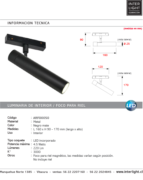 Foco riel magnético metal color negro mate LED 4,5W - ARFO0050