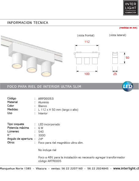 Foco fijo magnético ultra slim blanco LED 6W - ARFO0053
