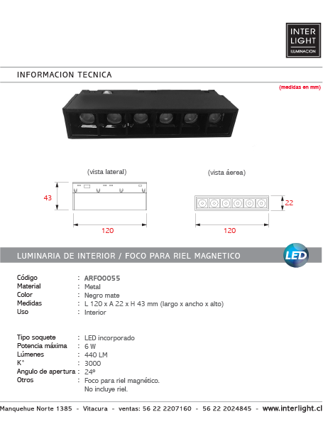 Foco metal negro para riel magnético LED 6W - ARFO0055