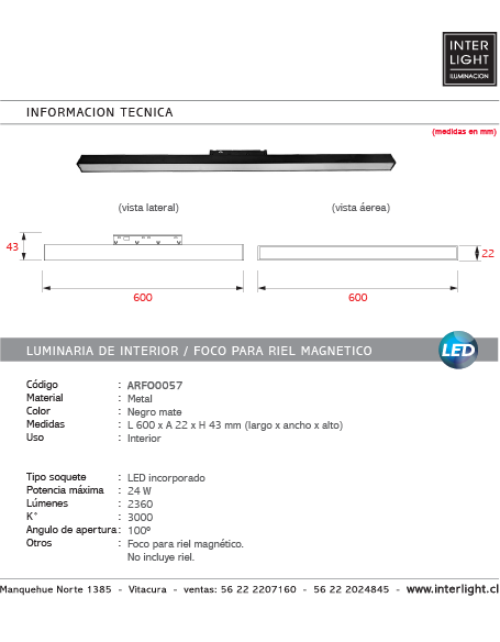 Foco metal negro para riel magnético LED 24W - ARFO0057