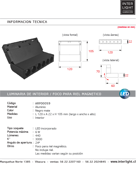 Foco dirigible magnético para riel aluminio negro LED 6W - ARFO0059
