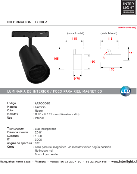 Foco riel magnético metal color negro mate LED 20W - ARFO0060