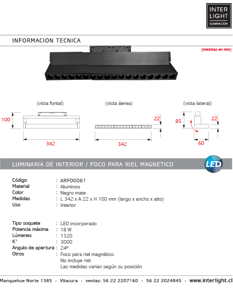Foco dirigible aluminio para riel magnético negro LED 18W - ARFO0061