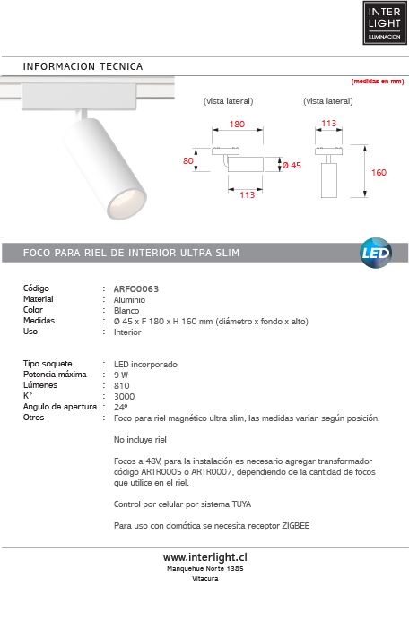 Foco dirigible magnético ultra slim blanco LED 9W TUYA - ARFO0063