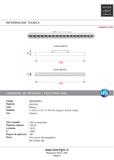 Foco para riel magnético aluminio blanco 32,8 cm LED 18W - ARFO0064