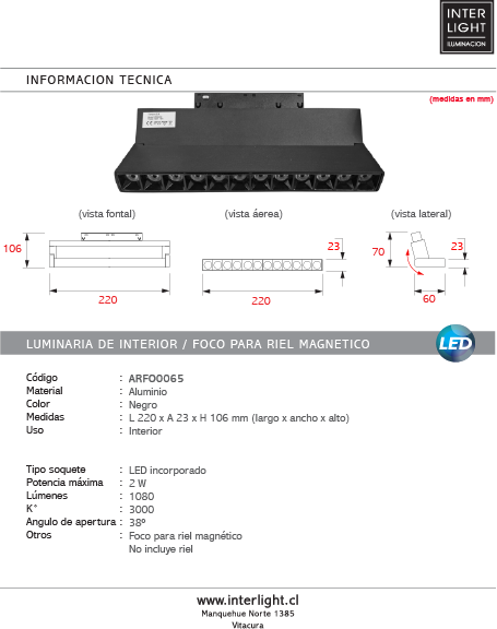 Foco para riel magnético aluminio negro 22 cm LED 12W 48v - ARFO0065