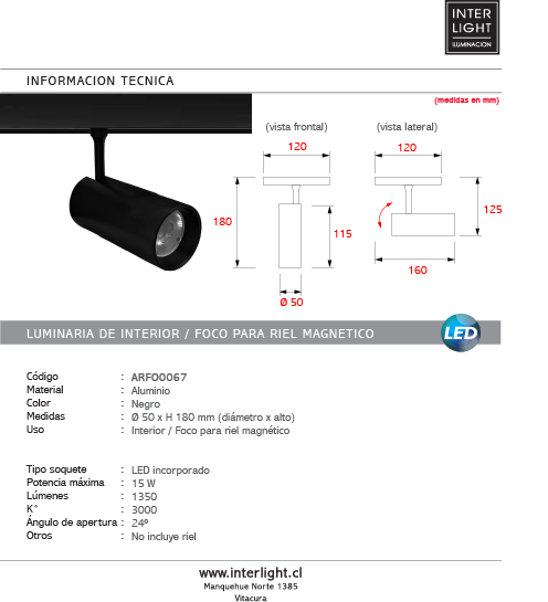Foco para riel magnético aluminio negro Ø5 cm LED 15 W - ARFO0067