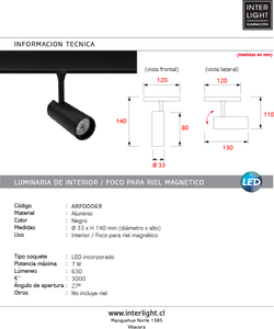 Foco para riel magnético aluminio negro Ø33 cm LED 7 W - ARFO0069