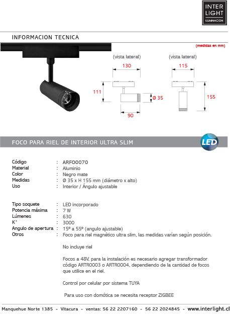 Foco dirigible magnético ultra slim negro angulo ajustable LED 7W TUYA - ARFO0070