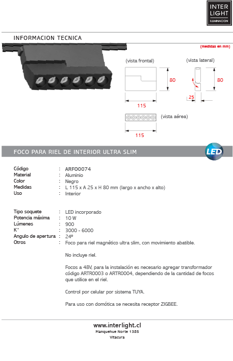 Foco abatible aluminio negro para riel magnetico SLIM 11,5cm  LED 10W TUYA - ARFO0074