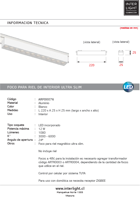Foco fijo magnético ultra slim blanco LED 12W TUYA - ARFO0076