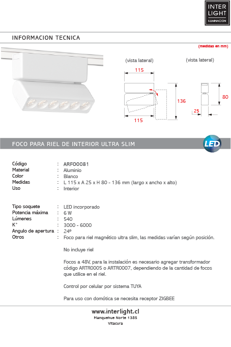 Foco dirigible magnético ultra slim blanco LED 6W TUYA - ARFO0081